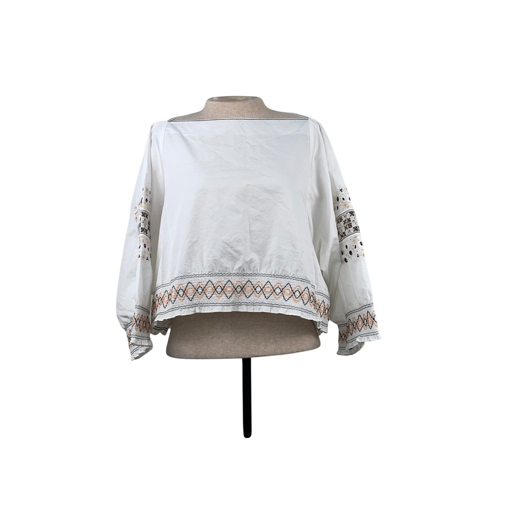 Tibi‎ Womens White Cotton Poplin Embroidered Batwing Sleeve Smocked Blouse M